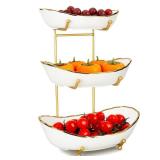 3 Tier Fruit Basket Ceramic Fruit Bowl Vegetable Storage with Metal Rack Porcelain Fruit Stand Storage Holder for Kitchen Counter Large Capacity Fruit Holder for Bread, Snack - Retail: $39