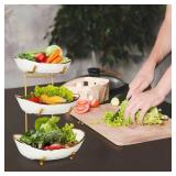 3 Tier Fruit Basket Ceramic Fruit Bowl Vegetable Storage with Metal Rack Porcelain Fruit Stand Storage Holder for Kitchen Counter Large Capacity Fruit Holder for Bread, Snack - Retail: $39