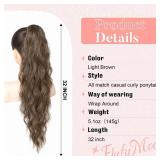 Ponytail Extension, Flexible Wrap Around Ponytail Extension Long Wavy Curly Ponytail Hair Extensions Natural pony tail Synthetic Hairpiece for Women 32 Inch (Light Brown) - Retail: $19