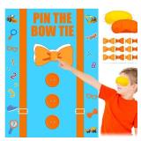 Birthday Party Game Decorations Pin The Bow Tie Poster with 24 Reusable Bow Tie Stickers, Orange and Blue Wall Decor for Toddler or Baby Shower - 19.5 x 27.5" - Retail: $12"