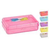 Plastic Pencil Box with Snap Closure Lids Pink, Small Utility Storage Crayon School and Office Supplies Case Organizer, Also Available in Glitter Green, Purple, Blue, Red and Grey