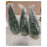 3 Mini Frosted Bottle Brush Christmas Trees with Ornaments 10"