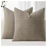 MIULEE Decorative Linen Check Euro Shams Throw Pillow Covers Neutral Farmhouse Vintage Pillow Covers 22x22 Set of 2 Boho Modern Winter Home Decor for Sofa Couch Bedroom Cushion Tan Taupe