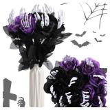 Tigeen 12 Pcs Black Faux Rose Artificial Flowers with Skull Skeleton Hand Purple Flower Bouquets Black Eucalyptus Leaves Branches Set Fake Rose
