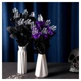 Tigeen 12 Pcs Black Faux Rose Artificial Flowers with Skull Skeleton Hand Purple Flower Bouquets Black Eucalyptus Leaves Branches Set Fake Rose