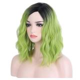 BERON 14 Inches Ombre Green Wig Short Curly Wig Bob Matcha Green Wigs Women Beach Wave Wigs for Cosplay Costume Party Hairnet Included