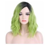 BERON 14 Inches Ombre Green Wig Short Curly Wig Bob Matcha Green Wigs Women Beach Wave Wigs for Cosplay Costume Party Hairnet Included