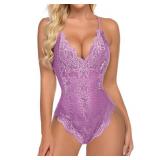 Avidlove Women Lingerie Purple Lace Bodysuit Teddy Lingerie V Neck Snap Crotch One Piece Mini Babydoll(Lilac Purple,L)