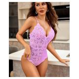 Avidlove Women Lingerie Purple Lace Bodysuit Teddy Lingerie V Neck Snap Crotch One Piece Mini Babydoll(Lilac Purple,L)