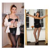 MANZI Shiny Pantyhose for Women 2 Pairs Shimmer Sheer Tights Ultra Silky Black/Brown Large-X-Large