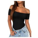 REORIA Womens Sexy Casual Off The Shoulder Short Sleeve Backless Going Out Double Lined Fitted Thong Bodysuit Tops Black Onyx Large