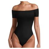 REORIA Womens Sexy Casual Off The Shoulder Short Sleeve Backless Going Out Double Lined Fitted Thong Bodysuit Tops Black Onyx Large