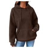 SHEWIN Womens Hoodies Casual Long Sleeve Drawstring Waffle Hoodie Pullover Sweatshirts Loose Hooded Sweatshirt for Women Trendy Fall Tops,US 8-10(M),Brown