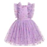 Girls Beach Dress, Girls Dresses - Floral Sequin Boho Pleated Casual Swing Summer Ruffle Dresses for Kids Princess Wedding Guest Party Dance Evening Gowns Princess Sundress Purple Butterfly 9-10 Years