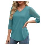 Blouses for Women Dressy Casual 3/4 Length Sleeve Womens Tops for Work School Outfits for Teachers V Neck T Shirts Blue Green XXL