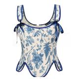 Scarlet Darkness Floral Corset Tops for Women Medieval Renaissance Lace Up Overbust Bodice Blue Floral Size 6