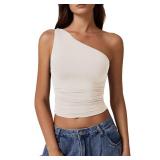 QINSEN Womens One Shouder Tank Tops Summer Y2K Going Out Basic Sleeveless Shirt Biege XL