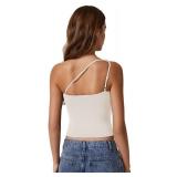 QINSEN Womens One Shouder Tank Tops Summer Y2K Going Out Basic Sleeveless Shirt Biege XL