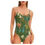 Women One Piece Swimsuit with Cover Up Sarong Wrap Bathing Suits for Women Floral Print Swim Suits with Cover Up Set Slimming 1 Piece Swimwear Dark Green Floral X-Large