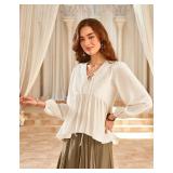 Womens Peasant Tops V Neck Long Sleeve Babydoll Ruffle Lace Fall Tops Beige L