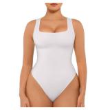 FeelinGirl Bodysuits for Women Square Neck Tummy Control Tank Tops Bodysuit for Women Compression Bodysuit White M/L
