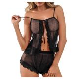Kolagri Women Pajama Set Lace Trim Short PJ Set Sexy Sleeveless Sleepwear Drawstring Waist Nightwear Black L