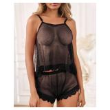 Kolagri Women Pajama Set Lace Trim Short PJ Set Sexy Sleeveless Sleepwear Drawstring Waist Nightwear Black L