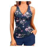 Women Blue Floral Tankini Swimsuits with Shorts - Two Piece Tummy Control Bathing Suits Top with Two Pockets Bottom Swimwear M