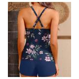 Women Blue Floral Tankini Swimsuits with Shorts - Two Piece Tummy Control Bathing Suits Top with Two Pockets Bottom Swimwear M
