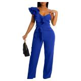 kaimimei Womens Casual Jumpsuits V-Neck Sleeveless Ruffle Backless Belted Wide Leg Pant Sexy Romper Party Clubwear Blue XL