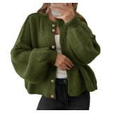 Saodimallsu Womens Oversized Cardigans Button Up Long Lantern Sleeve Chunky Knit Casual Soft Fall Sweater Coats Army Green, Medium