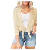 Langwyqu Womens Sheer Tie Knot Bolero Cardigan Summer Long Sleeve Lightweight Open Front Cover Up Crop Tops Apricot Size- Medium