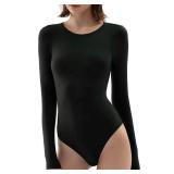PUMIEY Long Sleeve Bodysuit For Women Sexy Crew Neck Tops Body Suits Women Fall Bodysuits Jet Black Large