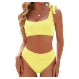 Blooming Jelly Womens High Waisted Bikini Set Tie Strap Jacquard Terry Cloth 2 Piece Swimsuit Modest Cute Retro Bathing Suit (Medium, Yellow)