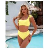 Blooming Jelly Womens High Waisted Bikini Set Tie Strap Jacquard Terry Cloth 2 Piece Swimsuit Modest Cute Retro Bathing Suit (Medium, Yellow)
