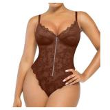 SHAPELLX Thong Bodysuit Shapewear for Women Lace Bodysuit Lace Corset Top Sleeveless(Brown,X-Large)