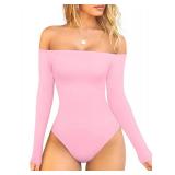 OQQ Bodysuits Womens Off-Shoulder Long Sleeve Seamless Shapewear Tops Pink cherry blossom, M