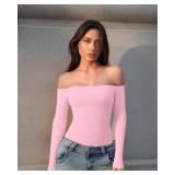OQQ Bodysuits Womens Off-Shoulder Long Sleeve Seamless Shapewear Tops Pink cherry blossom, M