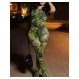 acelyn Womens Sexy Two Piece Sets Short Sleeve Mesh Bodycon Flared Pants Sets Club Going Out Birthday Outfits, M