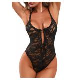 Kolagri Lingerie for Women Naughty One Piece Lingerie Deep V Teddy Sexy Lace Bodysuit Black S