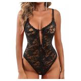 Kolagri Lingerie for Women Naughty One Piece Lingerie Deep V Teddy Sexy Lace Bodysuit Black S