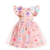 ODASDO Sweet One Year Old Birthday Outfit Girls Party Dress Toddlers Infant Candy Printed Fly Sleeve A-line Tulle Tutu Princess Summer Holiday Photo Shoot Dresses Casual Clothes Pink Candy 9-12M