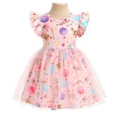 ODASDO Sweet One Year Old Birthday Outfit Girls Party Dress Toddlers Infant Candy Printed Fly Sleeve A-line Tulle Tutu Princess Summer Holiday Photo Shoot Dresses Casual Clothes Pink Candy 9-12M