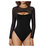 Avidlove Womens Bodysuit Long Sleeve Tops Sheer Round Neck Shirt Going Out Tops for Women Black M