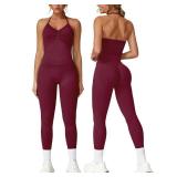 ABOCIW Womens Seamless Workout Sets Halter Sports Bra Impact Longline Strappy Top High Waist Scrunch Butt Lifting Leggings 2 Piece Gym Set Burgendy Red Medium