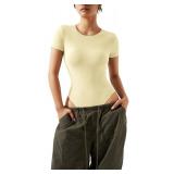SUUKSESS Women Double Line Short Sleeve Bodysuit Crew Neck Thong Body Suit Shirts Basic Tops (Pale Yellow, XS)