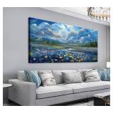 Shoci Large Landscape Wall Art - Indigo Sea of Flower Canvas Picture for Living Room Blue Wildflower Field Painting Print Decor Rustic Natural Scenery Artwork Wall Art for Bedroom Decoration 24\" X 48