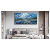 Shoci Large Landscape Wall Art - Indigo Sea of Flower Canvas Picture for Living Room Blue Wildflower Field Painting Print Decor Rustic Natural Scenery Artwork Wall Art for Bedroom Decoration 24\" X 48