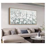 Shoci Large Flowers Wall Art - Natural Float Framed White Floral Picture for Living Room Retro Blossom Grey Green Canvas Painting Prints Rustic Botanical Artwork Wall Art for Bedroom Decor 29\" X 58\"