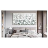 Shoci Large Flowers Wall Art - Natural Float Framed White Floral Picture for Living Room Retro Blossom Grey Green Canvas Painting Prints Rustic Botanical Artwork Wall Art for Bedroom Decor 29\" X 58\"